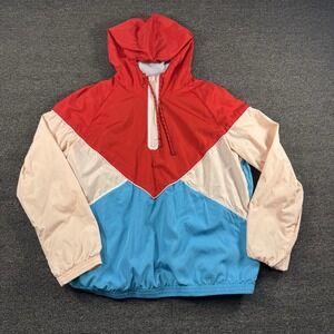 Xersion‎ Mens Large Colorblock Quarter Zip Windbreaker Hooded Jacket Red Blue